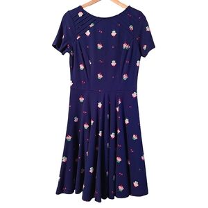 Unique Vintage Cupcake Cherry Short Sleeve Fit And Flare Navy Blue Midi Dress